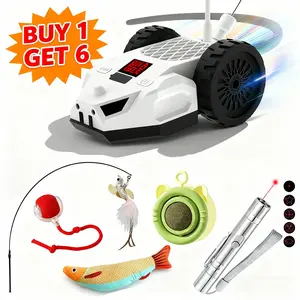Interactive Auto-Roll Cat Toy with Silicone Tail & Feather Teaser with FREE 5PC Starter Kit Included!— RGB Lights, Anti-Stuck Sensor & Remote Control — Perfect Gift for Cats Christmas Gift Idea