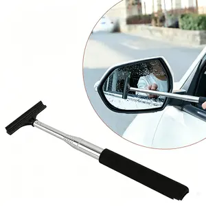 Car Rearview Mirror Wiper, Retractable Car Side Mirror Squeegee with Long Handle, Portable Mini Window Squeegee, Universal Glass Water Wiper Cleaning Tool for Rainy Foggy Weather (Black)
