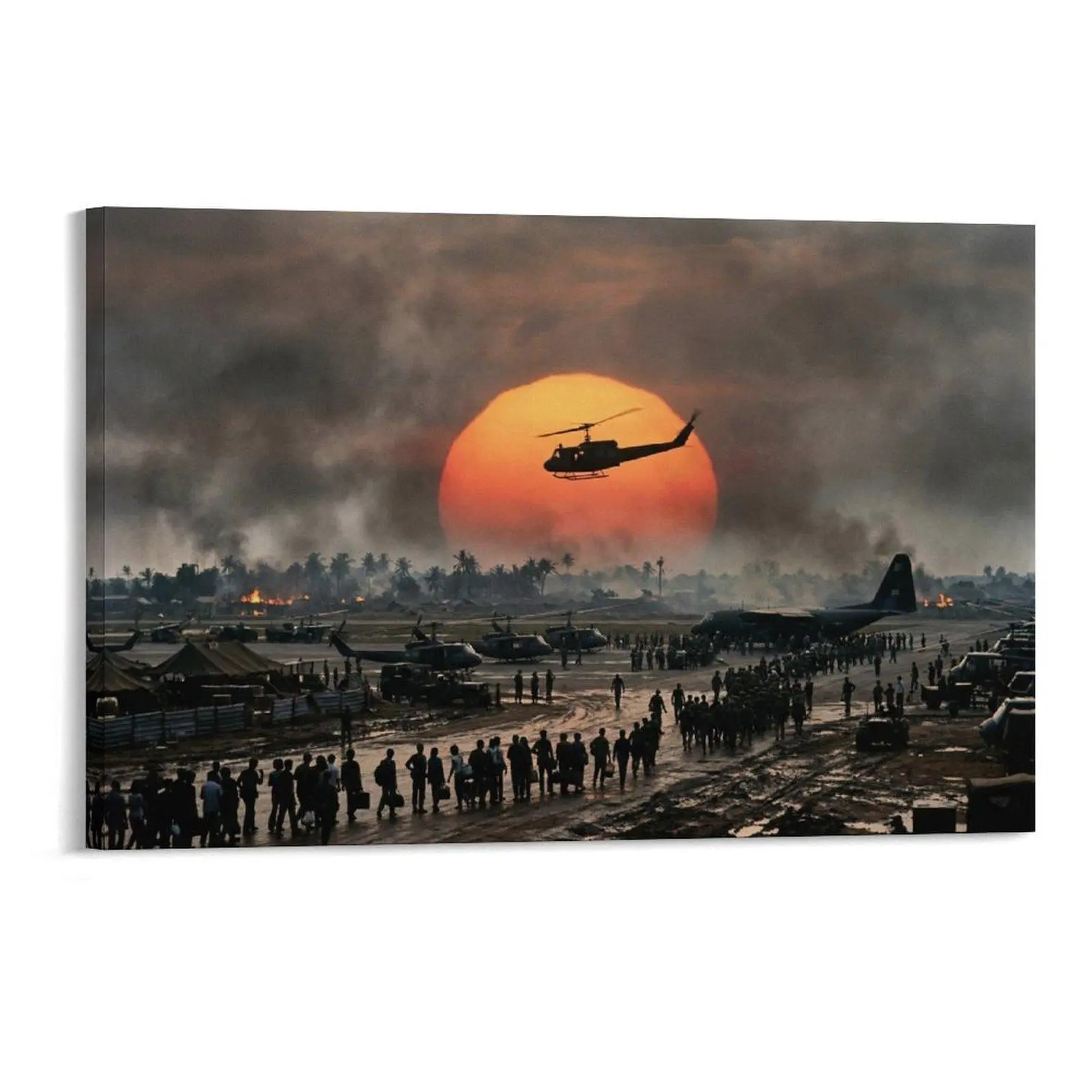1pc Unframed Artistic Canvas Print Photo - Hyperrealism Vietnam War Sunset, Helicopter, Soldiers, Military Plane - Vintage Orange Wall Decor for Adult Home Office, Frameless
