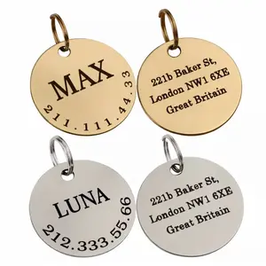 Dogs Cats ID Tags Personalized Pet Name Tags, Stainless Steel Round Tags, Silver Gold
