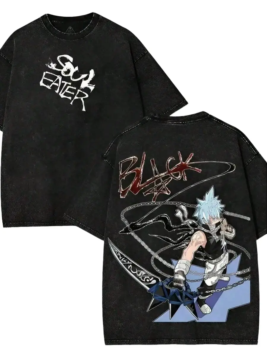 Soul Eater Black Star Anime Washed T-Shirt, Double-Sided Graphic Cotton Tee, Unisex Japanese Manga Shirt, Y2K Streetwear Oversized Top for Men Women