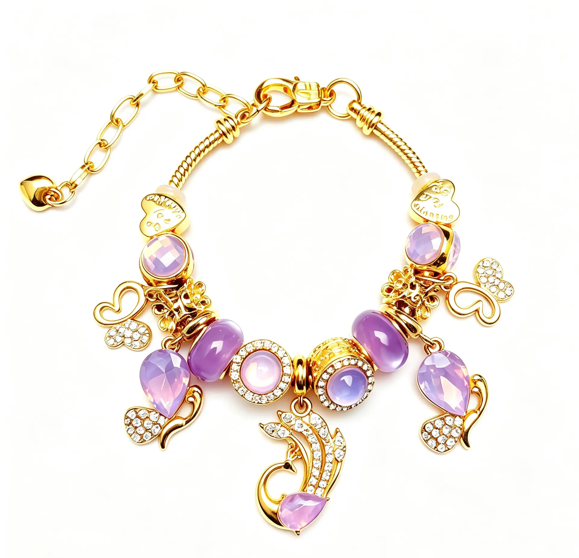 Purple Phoenix Charm Bead Bracelet, Gold Plated Adjustable Chain Bracelet with Teardrop Crystal Charms, Elegant Dainty Jewelry Gift for Women