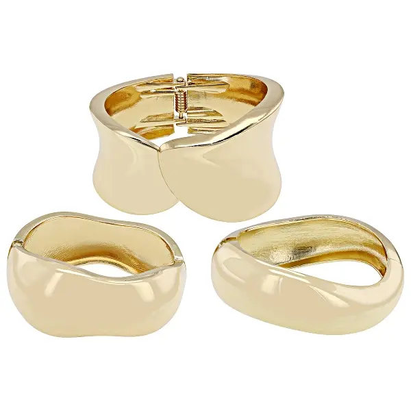 JTV Gold Tone Elegant Minimalist Bangles Set - Multi-Size 3-Piece Hinged Closure Bracelets (1.10"W, 1.08"W, 1.43"W) for Everyday Wear Costume Jewelry, Mix Bracelets, Classic Wrist Accessory, Wrist Stack, Gold Aesthetic, Casual, Daily