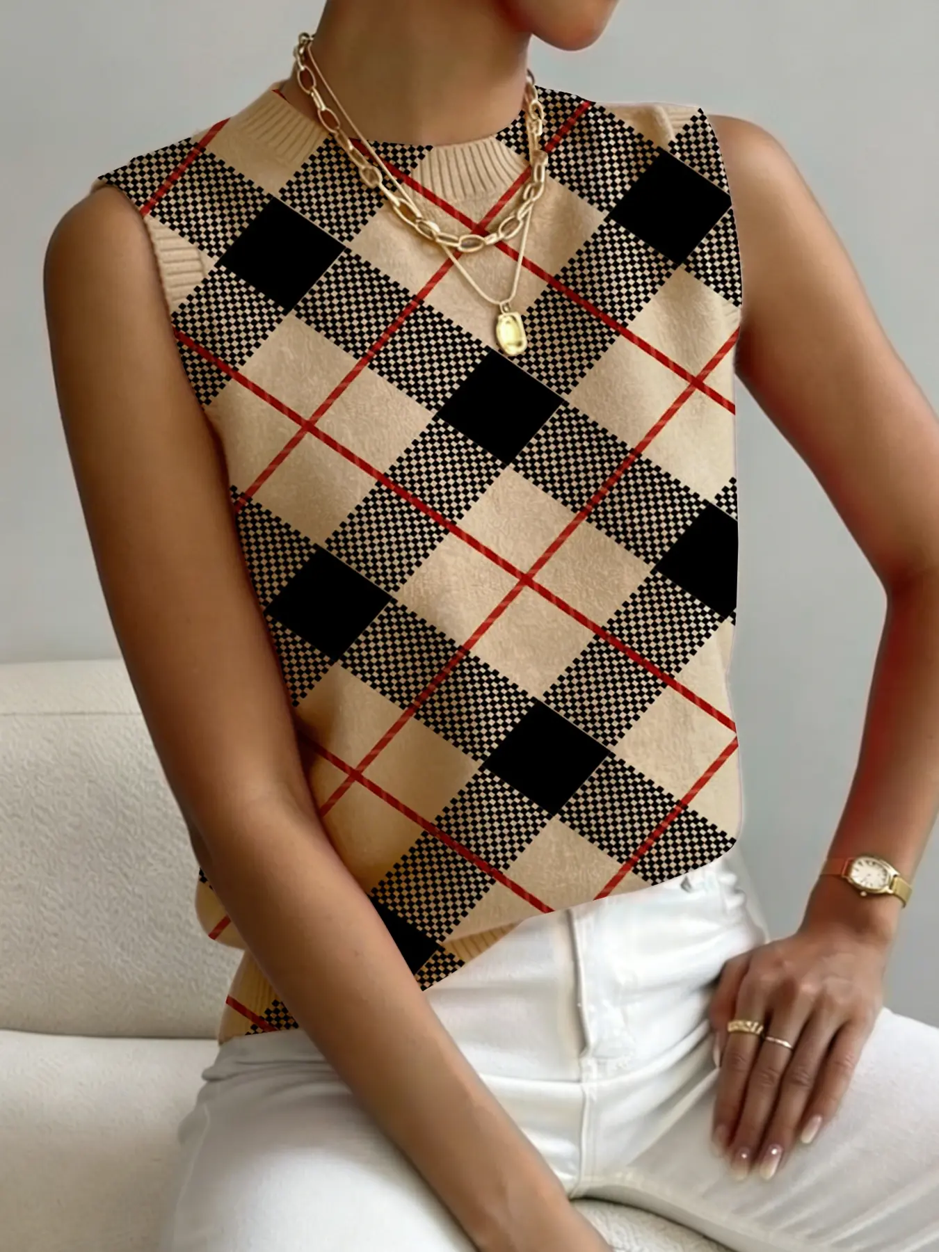 Women's Geometric Plaid Print Stand Collar Sweater Vests, Casual Fit Sleeveless Short Knit Top for Spring Fall Winter, Comfortable All-Season Wear