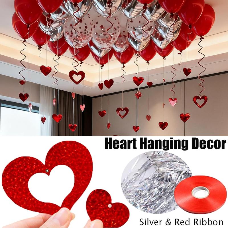 54pcs I Love You Heart Balloons Valentines Decoration with 50 Hanging 1000 Silk Rose Petal Bear Heart Shaped Silver Red Balloons for Romantic Night Wedding Anniversary Decor Valentine Day Decorations