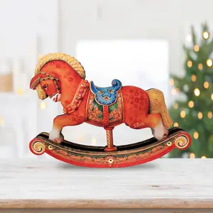 Rocking Horse Decorated Centerpiece Wooden Figurine by G. Debrekht - Christmas Santa and Snowman Decor - 89311