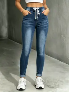 Women's Soft High-Waisted Elastic Waist Denim Jean Joggers - Casual Everyday Stretch Loose Bottoms with Drawstring