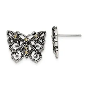 Stainless Steel Marcasite Butterfly Earrings with Polished Antiqued Finish