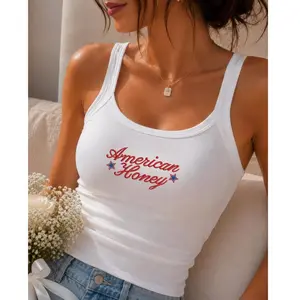 [Made in US] American Honey Embroidered Tank Top, Rib Racer Cami, Vintage USA Fourth Of July Shirt, Cute Summer Outfit And Gift For Her