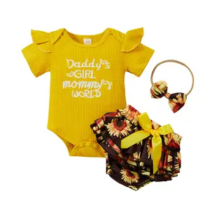 Newbron Baby Girls Summer Clothes Daddy's Girl Mommy's World Ruffle Short Sleeve Romper Floral Shorts Headband Outfits Set