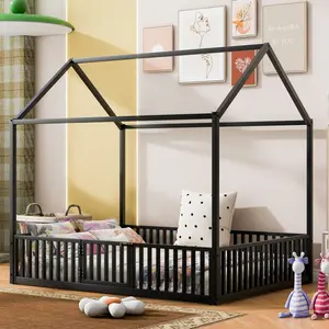 Bellemave Twin/Full Size Metal House Bed with Fence and Door Black Crib for Infant Portable Crib Kids Furniture Bedroom Distressed Washed Design Classic House Bed for Kids