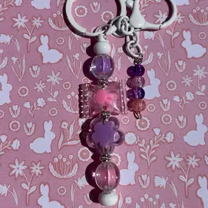 Adorable Keychain with Purple and Pink Beads and Floral Design