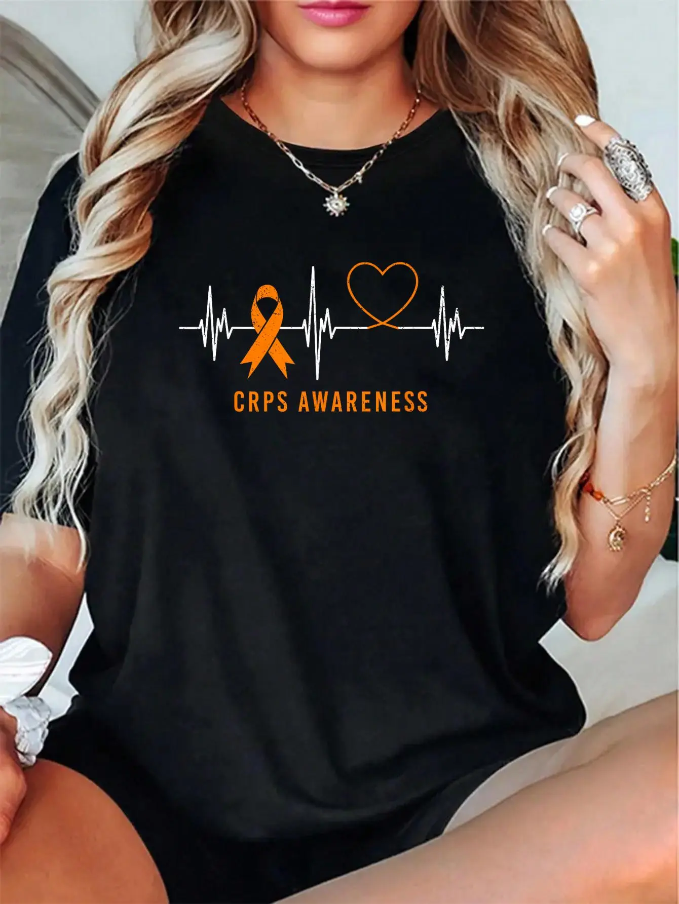 Unisex 100% Cotton Heartbeat RSD CRPS Awareness Month Orange Ribbon Support T-Shirt – Adult Unisex – Soft & Breathable, Lounge & Party Wear, Gift for Her