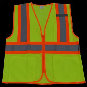 212 MAIN Petra Roc LVM2-CB1-L-XL ANSI Class II Safety Vest, Lime Mesh with Orange Contrast Binding, 3-4 Pockets, Zipper Closure, Large & Extra Large