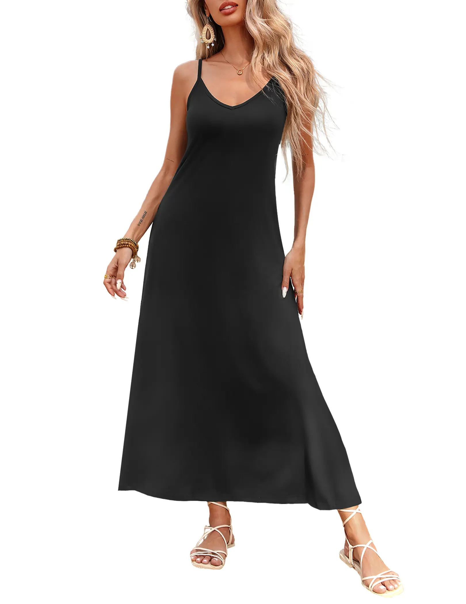 ZEAGOO Women's Soft Lightweight Polyester Ankle-Length Boho V-Neck Sleeveless Spaghetti Strap Maxi Dress - Adjustable Straps, Feminine Fit, Loose Fit, Light & Airy, Side Pockets, Cardigan Compatible, Beach Ready, Sleeveless Cut Keeps Shoulders Free