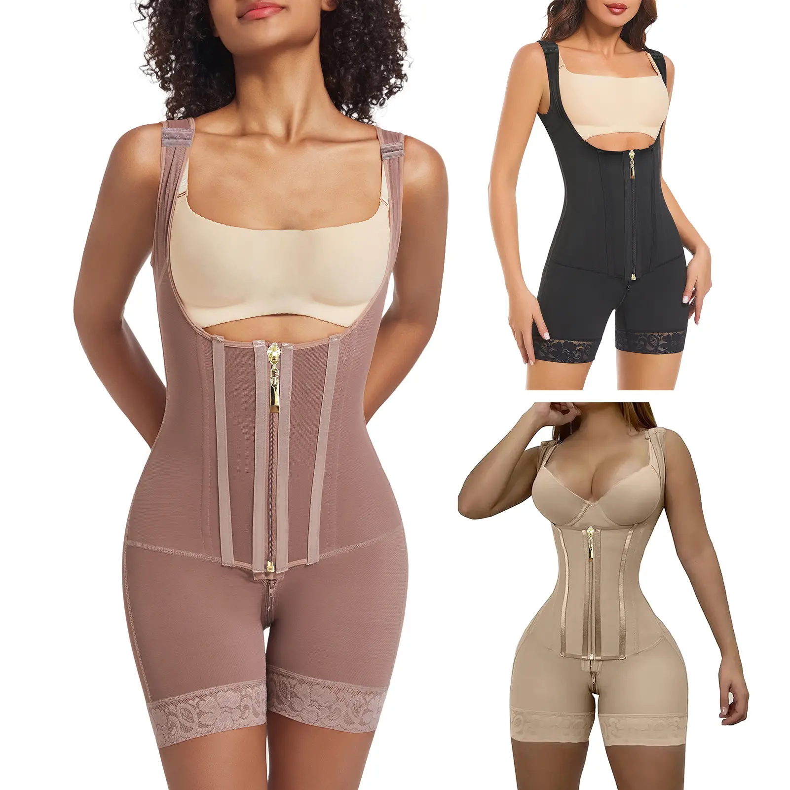 Explorinox Postpartum Shapewear for Women Tummy Control Body Shaper Lace Leg Openings Non-Slip Silicone Lining Bodysuit Adjustable Waist Shaper