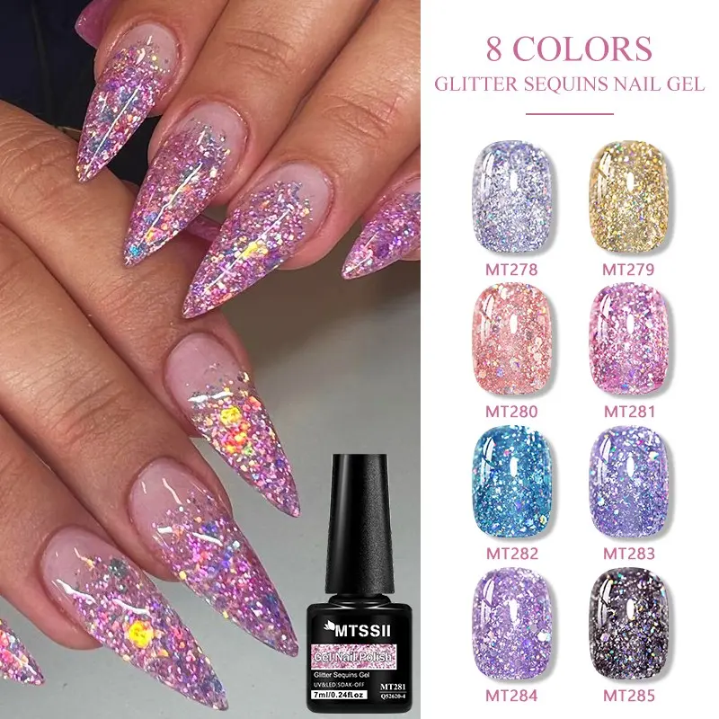 Mtssii Gel Glitter Sequins Nail Polish Set, Cosmetic 8 Colors Glitter Sparkle Top Gloss Soak off UV LED Gel Polish Kit, Glitter Top Coat, Nail Art, 7ML Each for Salon Home DIY Manicure
