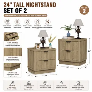 24 Inch Tall Nightstand Set of 2, Farmhouse End Table with 2 Deep Drawers, Fluted Bedside Table for Bedroom & Living Room Storage, Oak Finish