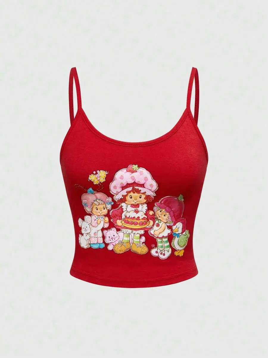 Red Graphic Cami Top Cartoon Figure Print Y2K Aesthetic Vest