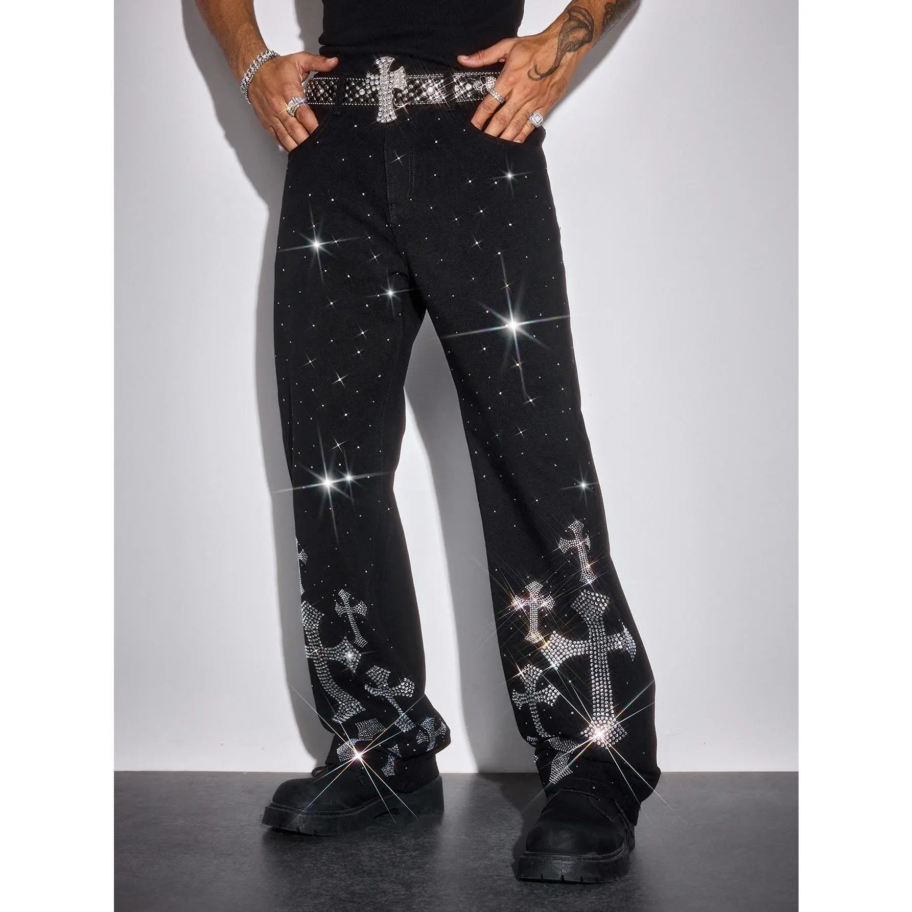 Men's Fitted Rhinestone Cross Graphic Jeans - Mens Clothing, Soft Denim Streetwear with Slant Pockets for Casual Parties, Fashion Apparel, Watch Party