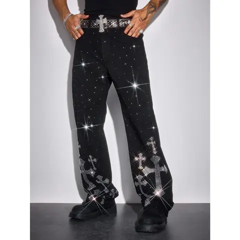 Men's Fitted Rhinestone Embellished Cross Graphic Jeans - Soft Denim, Slant Pockets, Street Wear, Urban Flair, Casual Party Night Out Mens Bottoms Fashion Apparel, Rhinestone Embellished Men's Jeans