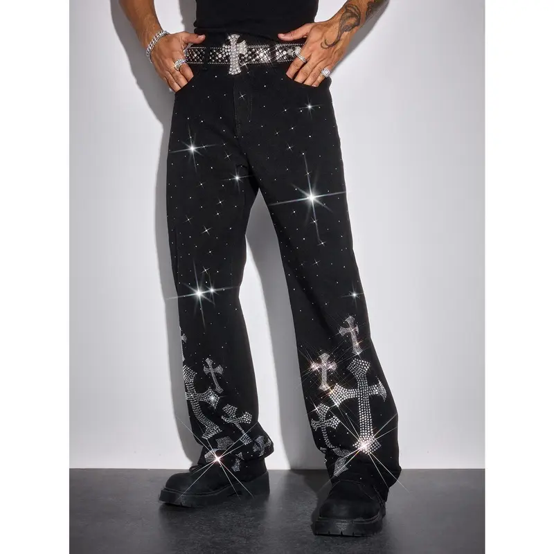 Men's Fitted Rhinestone Embellished Cross Graphic Jeans - Soft Denim, Slant Pockets, Street Wear, Urban Flair, Casual Party Night Out Mens Bottoms Fashion Apparel, Rhinestone Embellished Men's Jeans