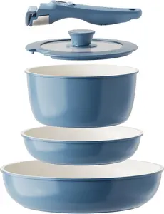 Ceramic Cookware Set, Removable Handle Pots and Pans Non-Stick, Rv Cookware Set,  Pots and Pans Set No , PTFE, PFOA, Detachable Pots and Pans, Dishwasher & Oven Safe(Blue)