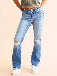 Women’s mid-rise ripped jeans, stretchy slim flared pants, light wash American vintage long pants