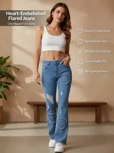 Women's Heart-Embellished Sexy Flared Jeans - Ripped Raw Hem, Stretch Soft Denim, Comfortable Fit, Below-Ankle Plain Blue Streetwear Pants, Casual All-Seasons Womenswear Bottoms