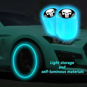 Luminous Blue Skull Car Wheel Glow Valve Caps (Pack of 8), Absorb Light Luminous Tire Personality Valve Caps