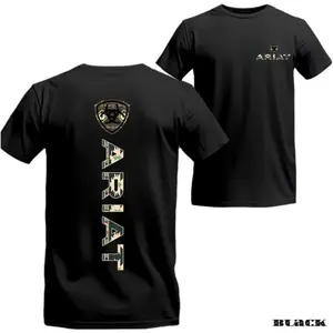Ariat T-Shirt  Tribal Camo Vertical Logo With Shield Graphic  Unisex, Relaxed Fit, Short Sleeve, Machine Washable  Boyfriend Gift  Menswear, Streetwear, Vacation Outfits