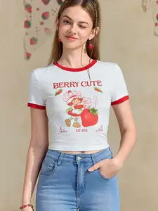 SHEIN Women's Strawberry Print Cropped T-Shirt, White Slim Fit, Short Sleeves, Red Graphic Design, Casual Summer Top for Women - Fabric