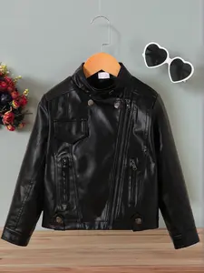 Girls' Spring & Fall Fashion PU Leather Jacket, Trendy Motorcycle Coat, Long Sleeve Stand Collar Outerwear, Casual Kids' Clothing