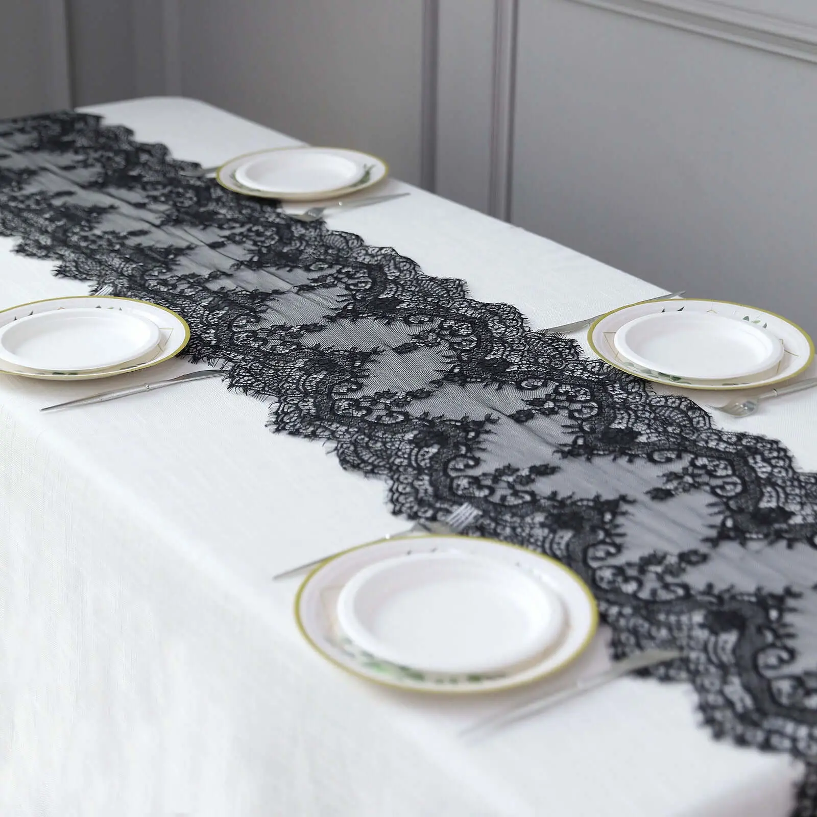Premium Lace Table Runner - 15"x117" Black Scalloped, Elegant Decorative Rustic Table Accent, Machine-Washable & Hand-Wash Safe for Weddings, Birthday (Single Runner)
