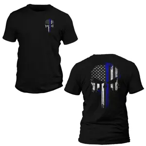 Thin Blue Line Flag Skull Police Front & Back Print Shirt, Casual Streetwear Graphic Tees, Menswear For Daily Wear, Shirt For Men, Gift For Boyfriend
