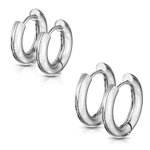 Set of 2 Pairs of 5mm Thick Round Hinged Hoop Earrings - 316L Stainless Steel
