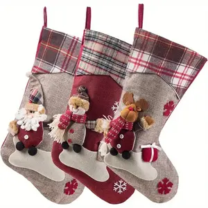 3-Piece Festive Christmas Stocking Set, Santa Snowman Reindeer Designs, Fabric Holiday Decorations for Home & Global Celebrations