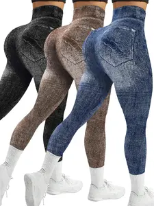 Women's Denim-Effect Print High Waist Sports Leggings, High Stretch Casual Comfortable Breathable Tummy Control Butt Lifting Skinny Pants for Yoga Gym Workout Running, Ladies Sportswear for All Seasons