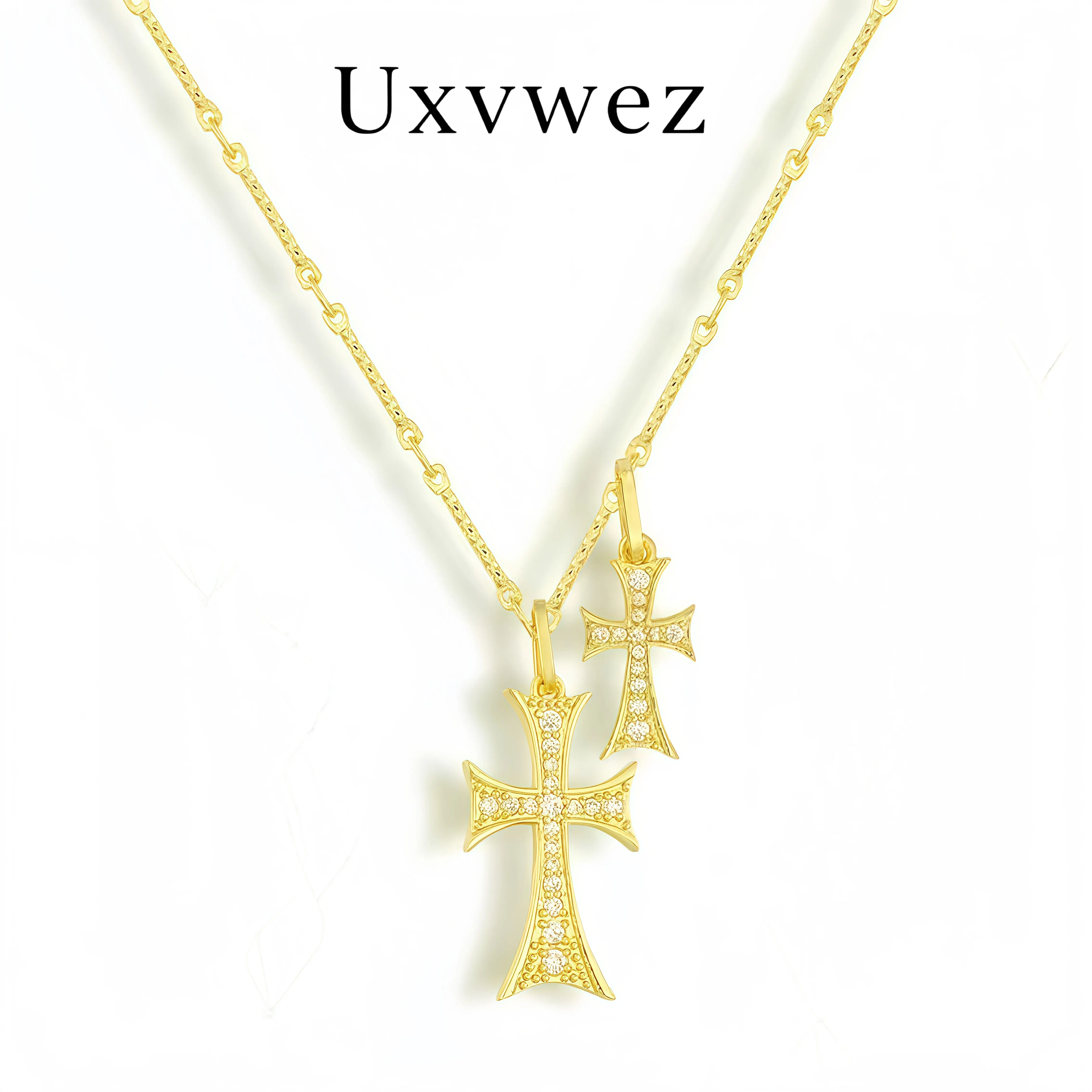 Uxvwez Double Cross Necklace for Women Gold Silver Tone Stainless Steel Layered Cross Pendant Necklace Cubic Zirconia Jewelry Gift