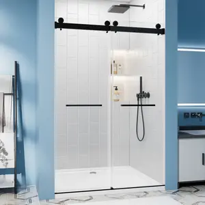 60" W x 76" H Frameless Double Sliding Shower Door, Soft-Close Matte Black Shower Screen, 5/16" (8mm) Clear Nano-Coated Tempered Glass, Dual Stainless Steel Door Handles    RR