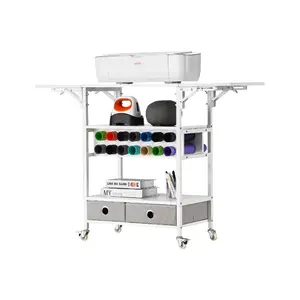 VEVOR Rolling Craft Cart and Storage Table, Compatible with Cricut Machines, Collapsible Cricut Table with Foldable Sides, Craft Rolling Storage Organizer with 14 Vinyl Holders and 2 Drawers