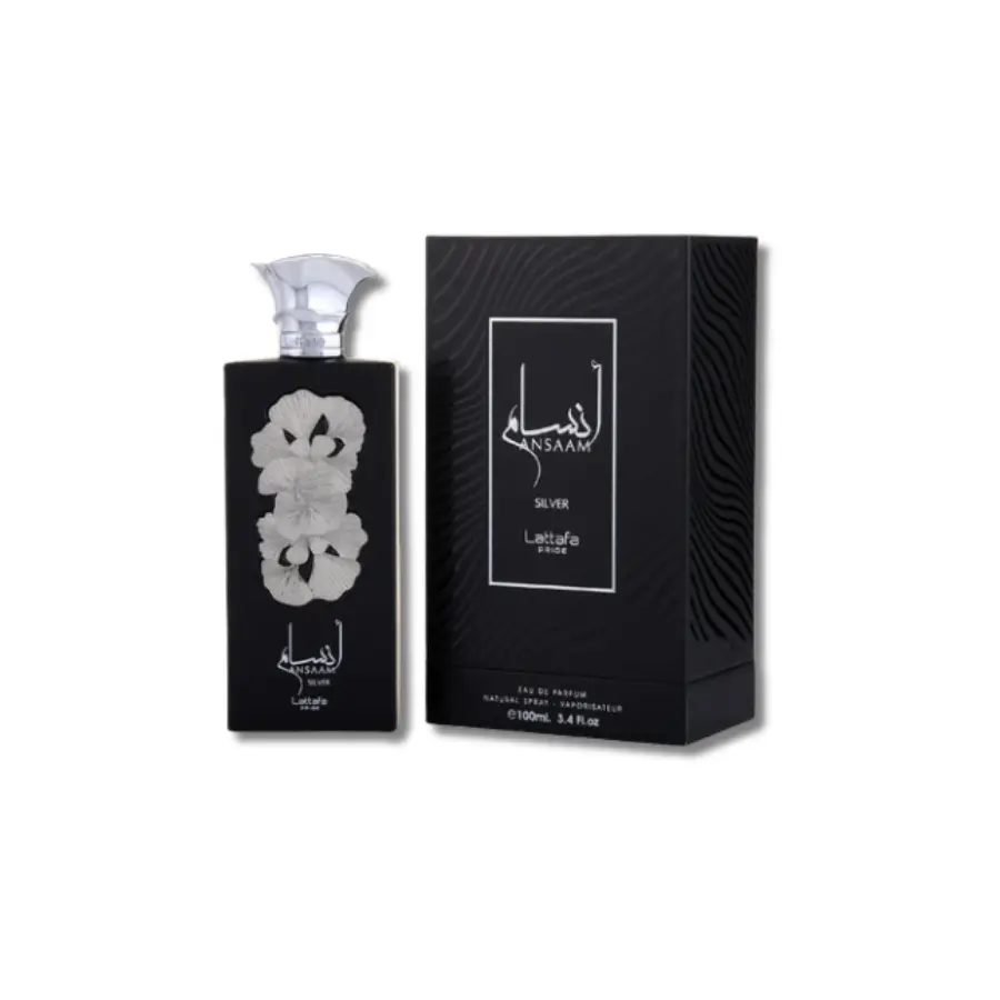 Lattafa Ansaam Silver Eau de Parfum, Amber Woody Perfume with Warm Spicy and Vanilla Scents, Unisex Fragrances, 3.4 oz, Adults, Woody Vanilla