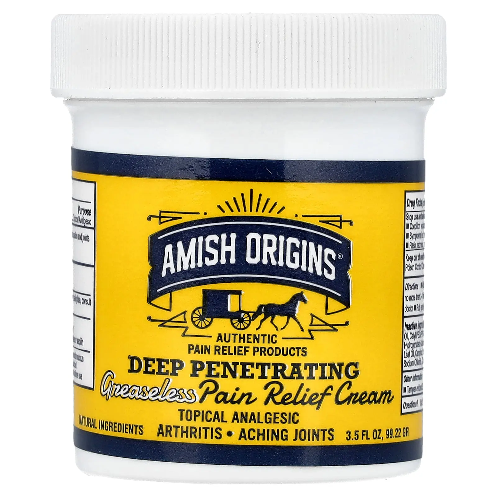 Amish Origins Deep Penetrating Greaseless Pain Relief Cream, 3.5 fl oz (99.22 g) | HSA/FSA Eligible