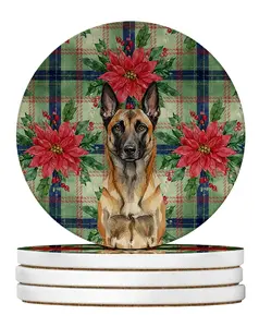Carolines Treasures WDK8508RCS4 4 x 4 in. Belgian Malinois Christmas Poinsettias Large Sandstone Coasters, Pack of 4