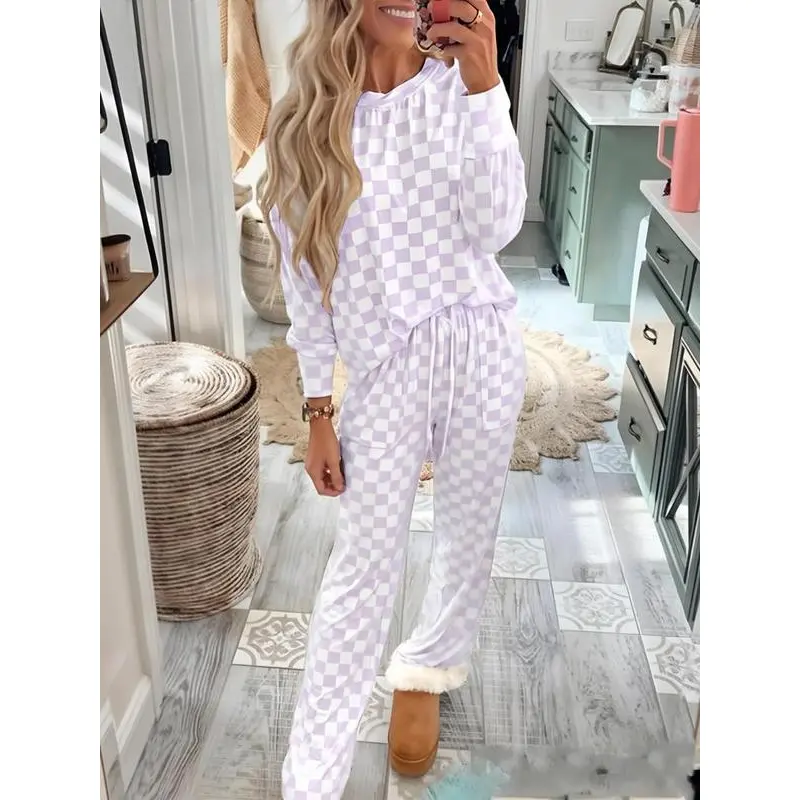 Two-Piece Set Women's Checkerboard Print Long Sleeve Tee & Drawstring Waist Pants Pajama, Casual Comfy Round Neck Top & Pocket Trousers PJ Set, Ladies Sleepwear & Loungewear All Seasons