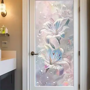 PVC Color Glass Window Sticker, Light Blue Lily Pattern, Shimmering Glossy Decorative Element, Static Adhesive Privacy Film, 17.7x39.4 Inches