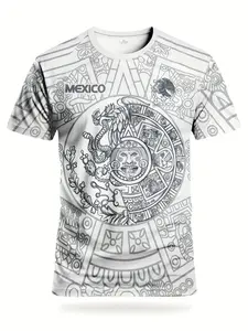 Men's Fashion Spring & Summer World Cup Mexico Aztec Sun Stone Eagle & Snake Totem Print Regular Crew Neck Short Sleeve T-shirt, Adult Men's Casual Trendy Wear, Perfect Gift Choice, Ideal Gift Option