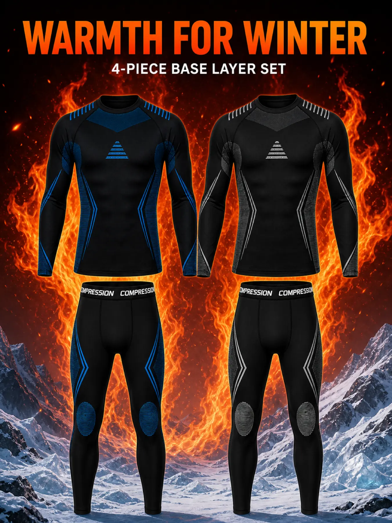 Men's Thermal Underwear 4-Piece Set, 2-Pack Compression Long Sleeve Tops & Leggings, Warm Base Layers for Skiing, Running & Cold Weather Training