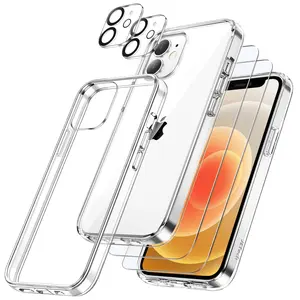 Entronix Bundle Compatible with iPhone 12 - [Hard Back] Clear Case, 2 Clear Screen Protector & 2 Camera Lens Protectors