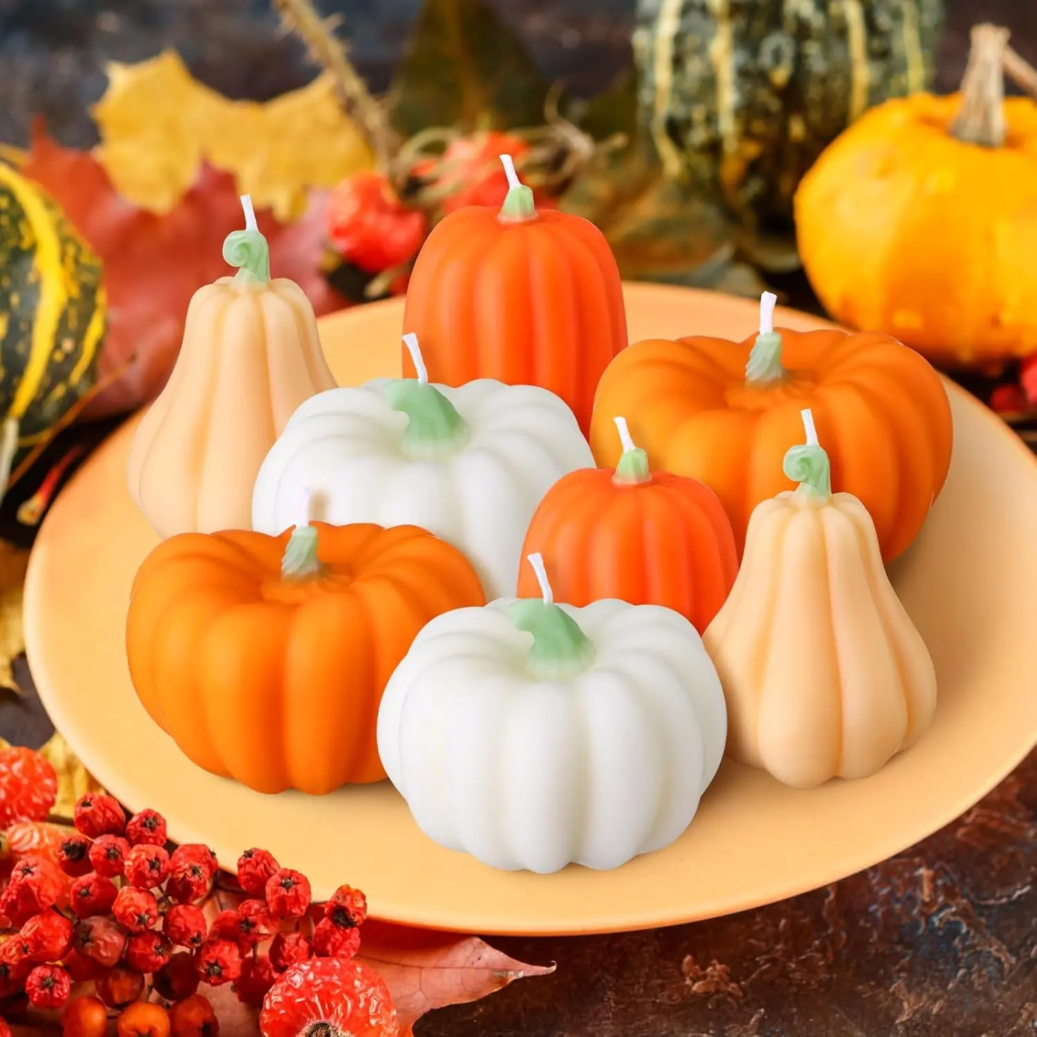 8 Pcs Fall Pumpkin Shaped Candles Thanksgiving Tealight Candle Handmade Scented White & Orange Fall Pumpkin Soy Wax Home Decor Perfect for Home Table Bedroom Bathroom Party